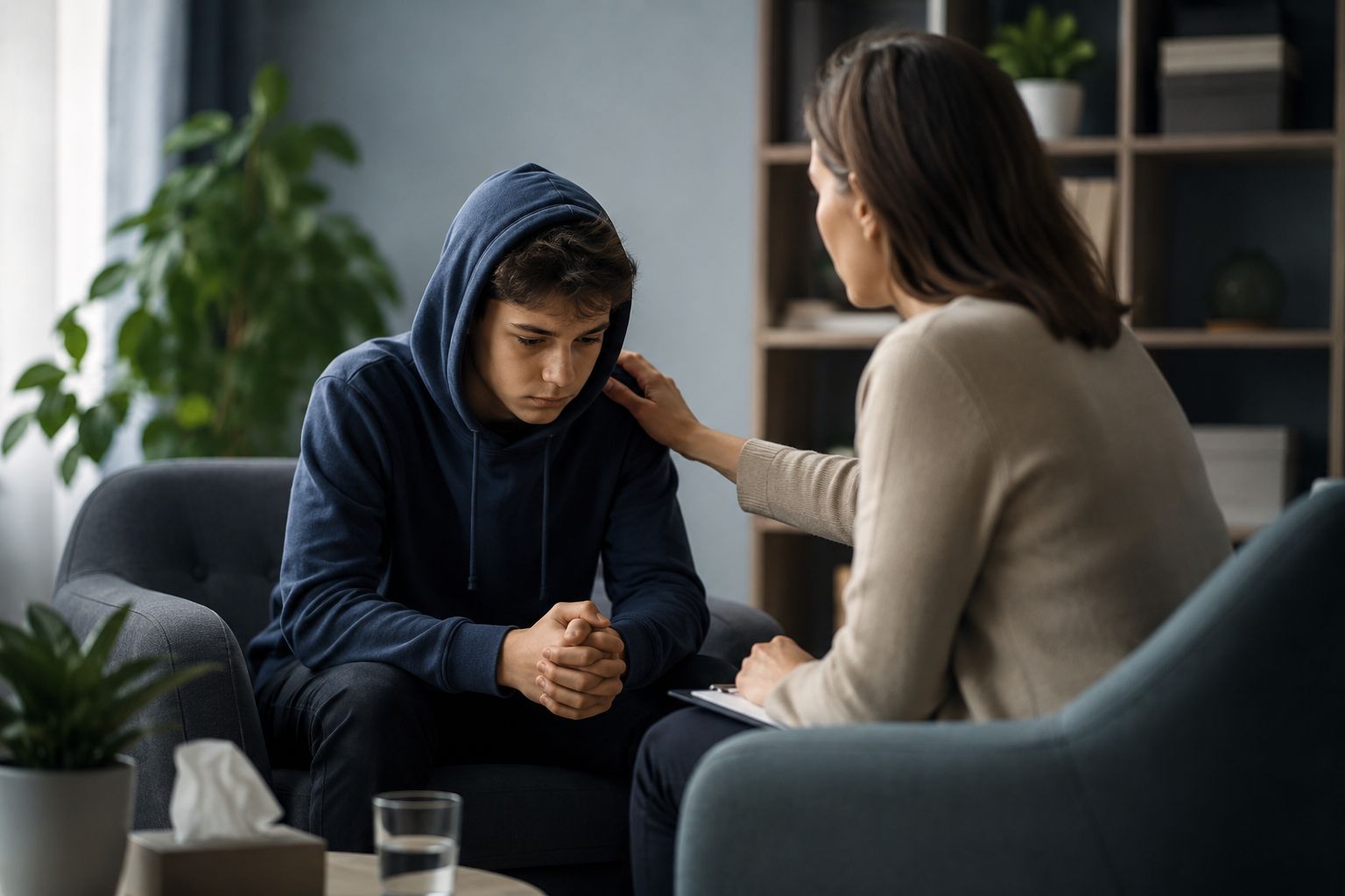 Подросток беседует с психологом во время консультации, иллюстрируя лечение подростковой зависимости в безопасной терапевтической обстановке.